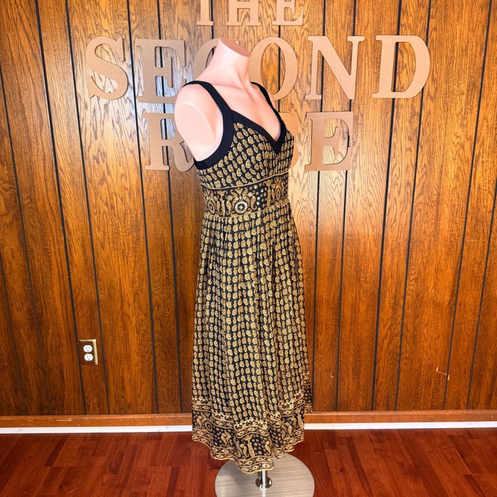 Signature by Robbie Bee Midi Dress Women 6 Black Gold Floral Silk Whimsigoth Y2K - Picture 5 of 7